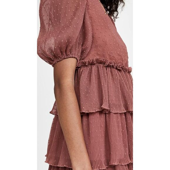 English Factory Size L Tiered Ruffled Midi Dress Mauve Brown Swiss Dot Flouncy - Picture 5 of 16